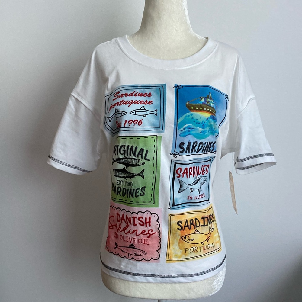 Trendy Collage of Sardines T-Shirt with Embroidered Wording